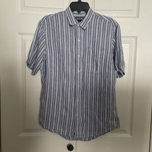Lands End Traditional Fit Linen Shirt Men 14/14.5 Blue White Striped Button Up